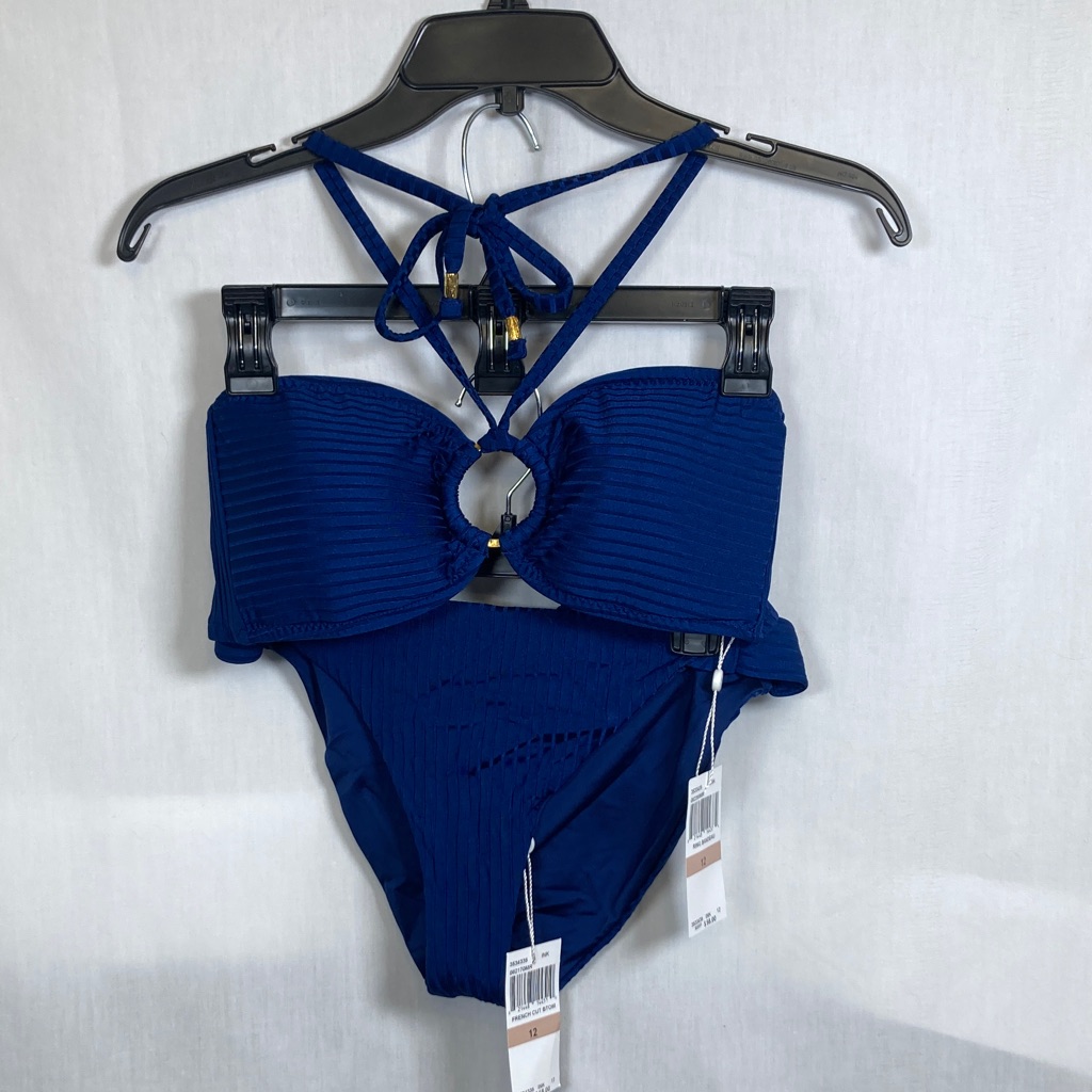 Nwt 2pc Trina Turk Olympia Ring Ribbed Bandeau Bikini Set 12 Ink Summer Festival